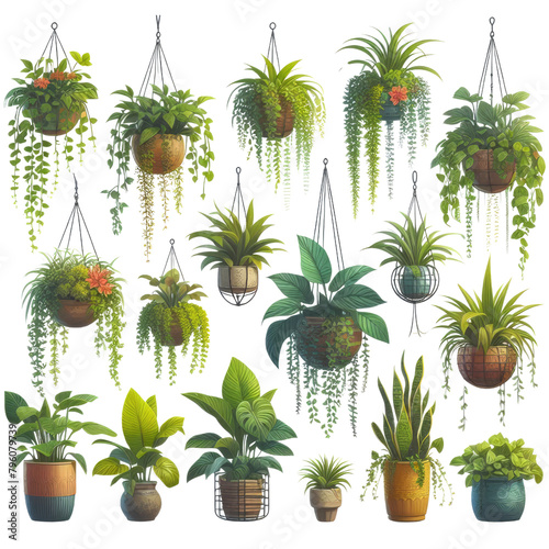 Diverse Collection of Hanging Indoor House Green Plants in Different Pots, Transparent Background