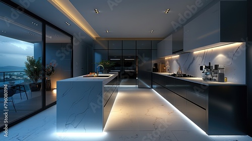 A modern kitchen neatly illuminated by recessed LED spots, showcasing a sleek and clean design. The lighting highlights the countertops and architectural details. Generative AI.