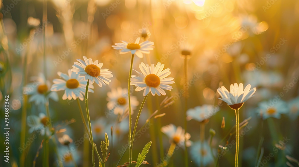 A picturesque sunset horizon illuminates wild daisies in radiant sunlight.