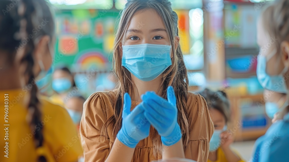 A cheerful kindergarten teacher distributing blue disposable face masks to kids in a brightly lit classroom, ensuring safety. Generative AI.