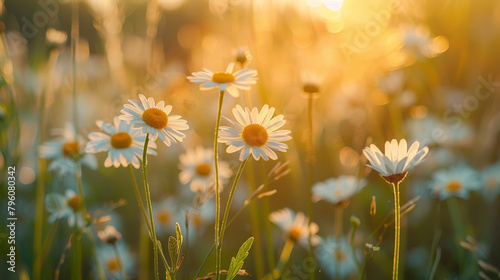A picturesque sunset horizon illuminates wild daisies in radiant sunlight.