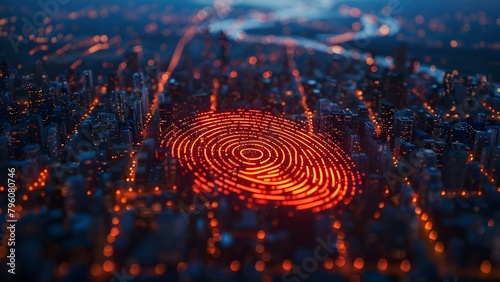 Neon fingerprint button for biometric security authentication on dark background. Concept Technology, Security, Biometrics, Authentication, Dark Background