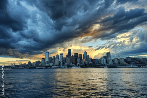 Aerial view of The skyline of Seattle with dramatic clouds, AI generated © Tanu