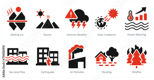 A set of 10 climate change icons as melting ice, glacier, extreme weather