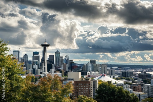 Aerial view of The skyline of Seattle with dramatic clouds, AI generated