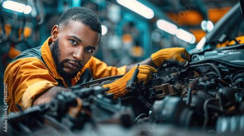 The employee of an automotive factory fixes a technical issue. Generative AI.