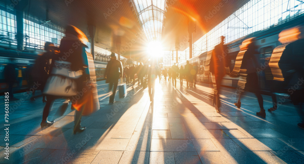A busy train station with people walking around to board trains