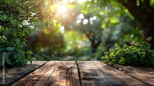 Green trees in agricultural setting on wooden table for product display. Concept Agricultural Setting, Green Trees, Wooden Table, Product Display, Nature-themed Photography