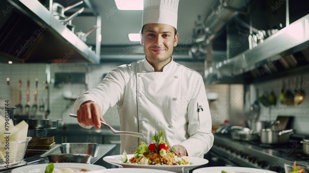 A professional chef presenting a dish in a gourmet restaurant