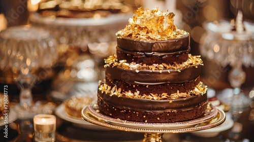 Exquisite chocolate birthday cake featuring layers of moist sponge and decadent ganache, adorned with edible gold leaf and served on delicate porcelain plates at a high-society wedding affair