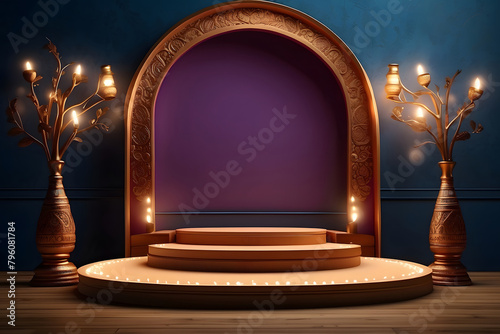 Diwali empty product display podium with lights background design.