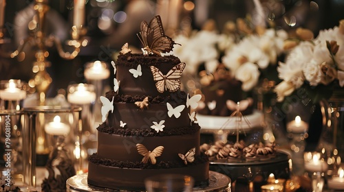 Exquisite chocolate birthday cake featuring handcrafted sugar butterflies and intricate lace detailing, showcased on a dessert table at a romantic candlelit wedding reception photo