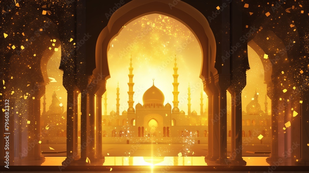 Illustration of an Interior Mosque, Radiating Peaceful Ambiance and Spiritual Reverence with Ornate Architecture and Soft Illumination