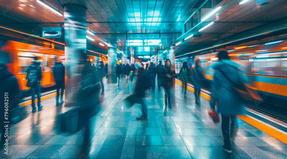 A busy train station with people walking around to board trains