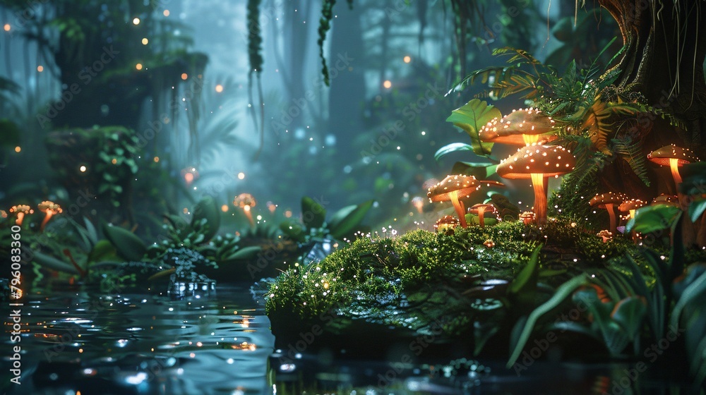 Fototapeta premium Magical fantasy forest comes to life with glowing plants background