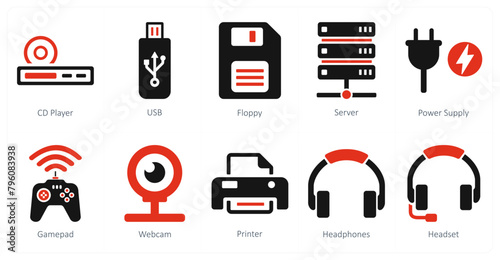 A set of 10 computer parts icons as cd player, usb, floppy photo