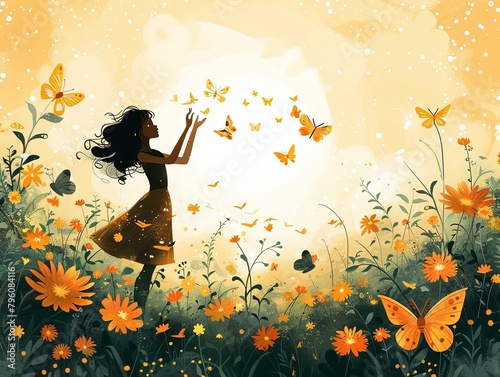 An evocative illustration captures a girl surrounded by butterflies in a lush meadow as the sun sets  casting a dreamy glow.