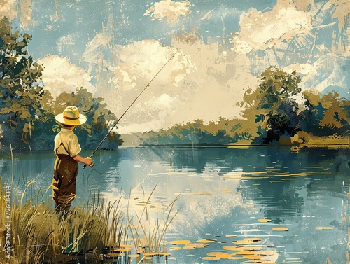 A nostalgic illustration of a solitary figure fishing in a calm pond, evoking a sense of peace and bygone days.