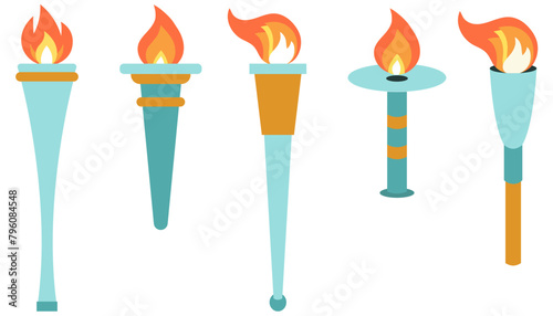 Set of torches with fire. Symbol of competition victory, championship. Vector illustration