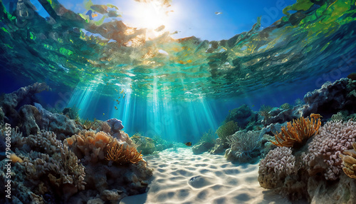 Vibrant underwater scene with colorful corals and sunlight piercing through the water photo