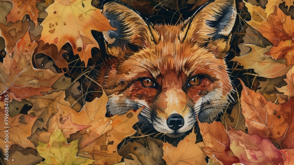 Fototapeta premium A red fox peeks through autumn leaves, its bright eyes curious and alert, captured in a wash of warm, earthy tones, kawaii, bright water color