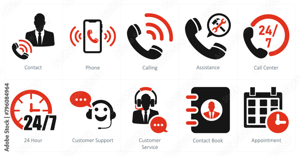 A set of 10 contact icons as contact, phone, calling