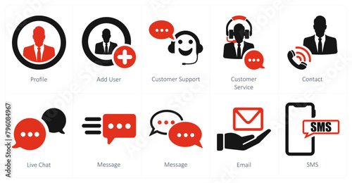 A set of 10 contact icons as profile, add user, customer support