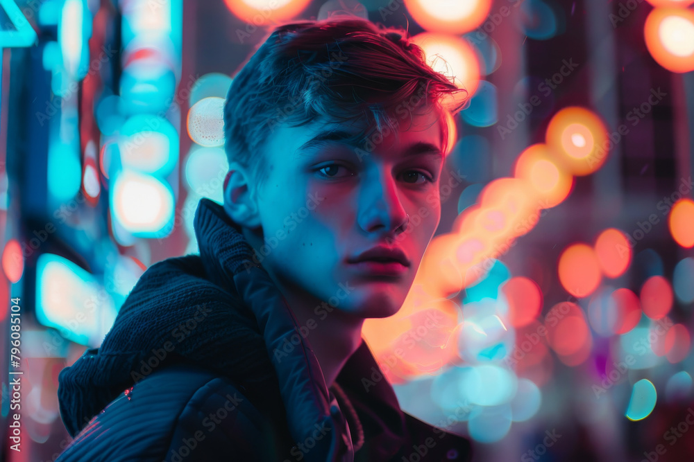 Young modern teenager boy with short hair in the city with lights in the background at night Young modern teenager boy with short hair in the city with lights in the background at night