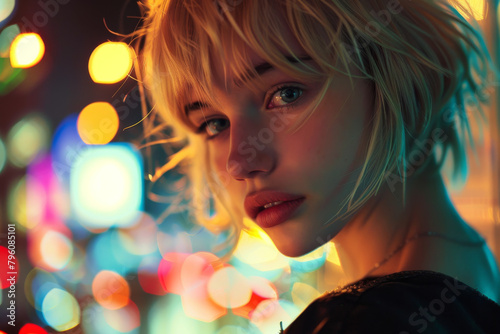 Young modern teenager girl with short blonde hair in the city with lights in the background at night