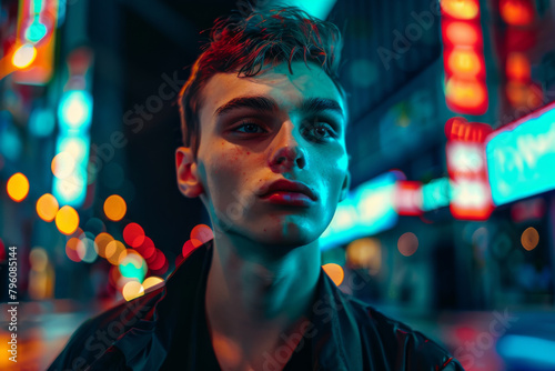 Young modern teenager boy with short hair in the city with lights in the background at night