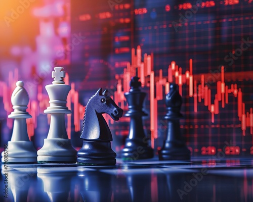  Chess pieces navigate a board set against a backdrop of stock graphs, where thunderclaps herald the volatility of both game and market