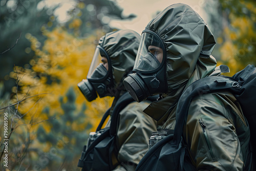 Two military personnel donning protective chemical suits photo