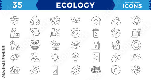 Eco friendly related thin line icon set in minimal style. Linear ecology icons. Environmental sustainability simple symbol. Editable stroke, Pixel Perfect.