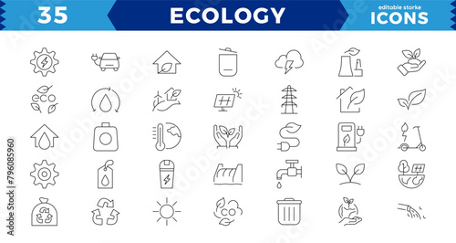 Eco friendly related thin line icon set in minimal style. Linear ecology icons. Environmental sustainability simple symbol. Editable stroke, Pixel Perfect.