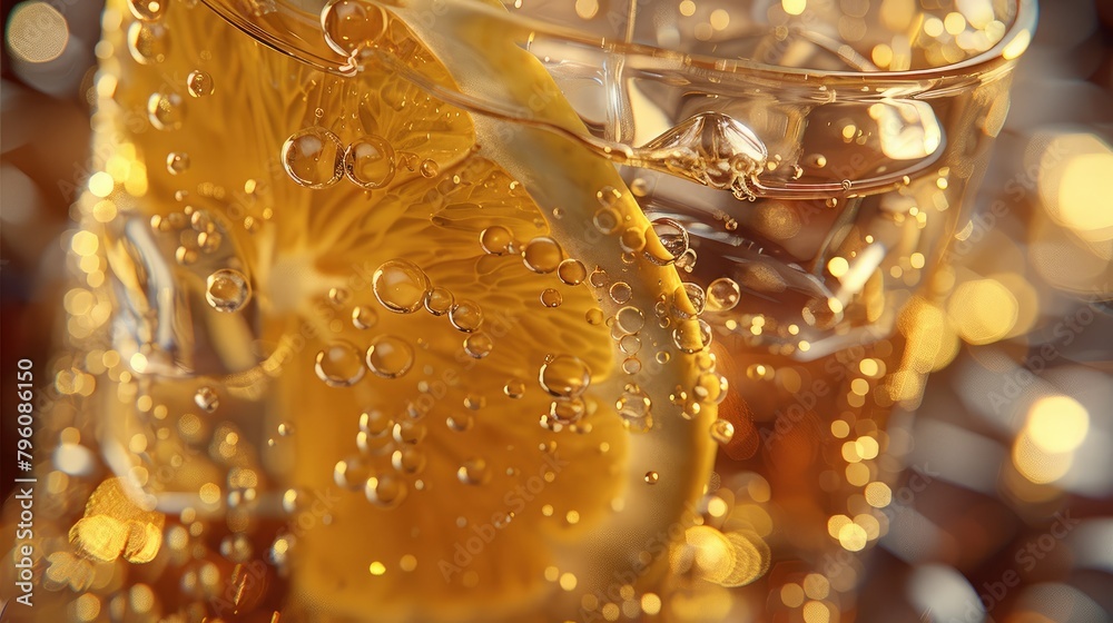 A bright background with a refreshing and invigorating, an extreme close-up mixed ice, soda water, whiskey, and lemon peels, creating a golden-hued drink inside a transparent glass. Generative AI. A bright background with a refreshing and invigorating, an extreme close-up mixed ice, soda water, whiskey, and lemon peels, creating a golden-hued drink inside a transparent glass. Generative AI.