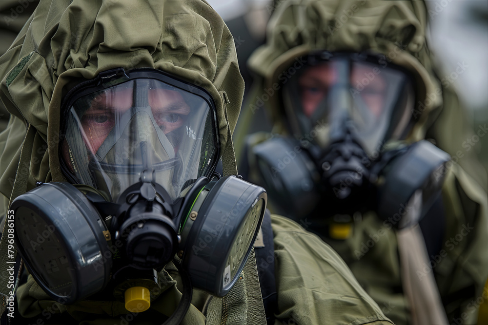 Two military personnel donning protective chemical suits