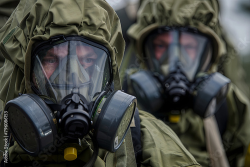 Two military personnel donning protective chemical suits photo