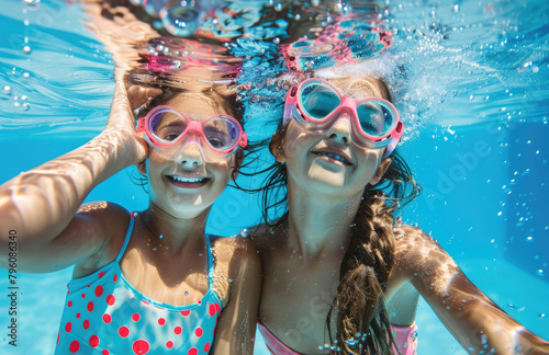 Two young girls wearing swimming goggles and striped or polka dot swimsuits, standing underwater in the pool with their hands raised above their heads, smiling at the camera