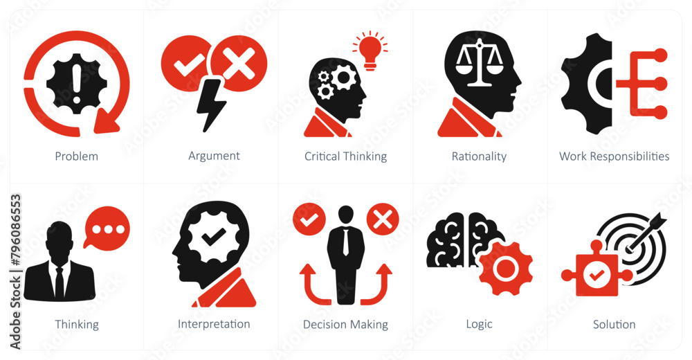 A set of 10 critical thinking icons as problem, argument, critical thinking