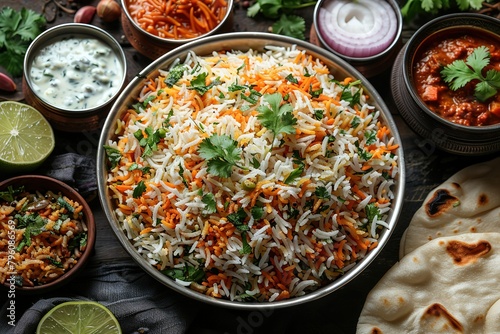 Top view of biryani and flatbread in a steel bowl placed on a table with other dishes.