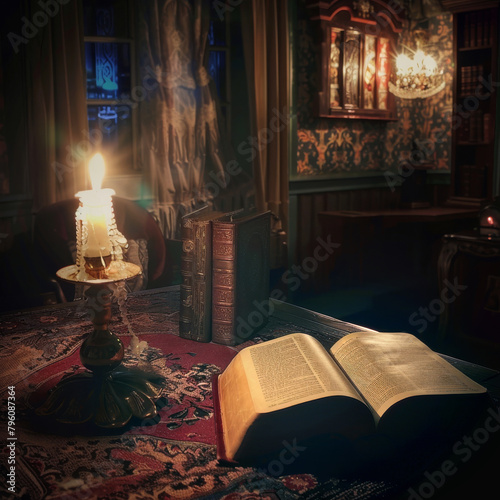 An abandoned monastery library a Bible lies among forgotten texts dust motes dancing in a shaft of light photo