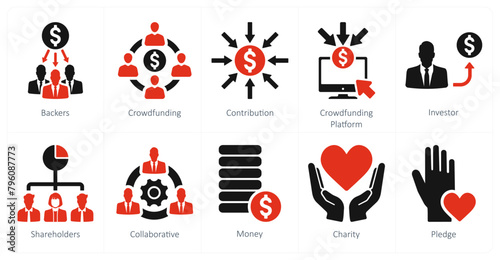 A set of 10 crowdfunding icons as backers, crowdfunding, conttibution