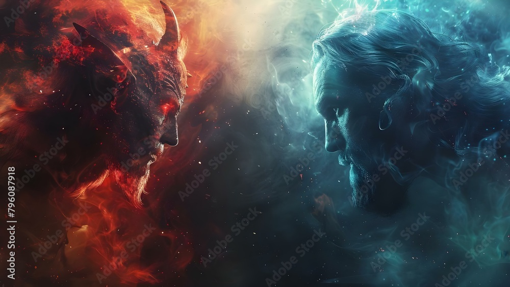 Battle between good and evil light and dark God and Devil. Concept Good Vs, Evil, Light Vs, Dark, Battle of Deities