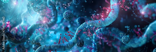 Molecular biology focuses on the interactions between the various systems of a cell, including the interplay between DNA, RNA, and protein biosynthesis, science concept photo