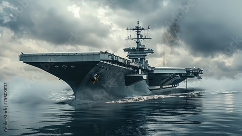 A Navy aircraft carrier with an enormous gray and black camouflage, as seen from the water level. Generative AI.