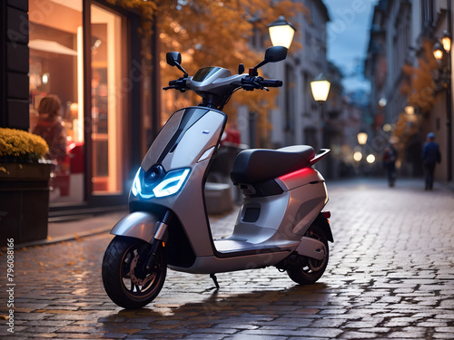 Electric scooter on a cobblestone street in autumn design, Colored lighting from advanced LED panels, empty space