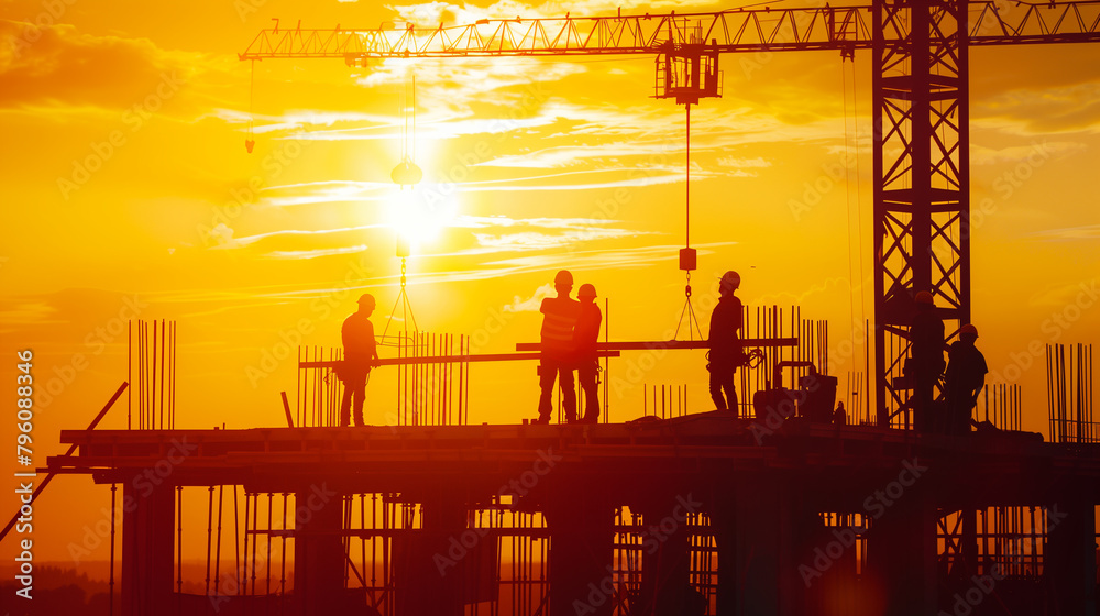 A group of construction workers are on a building site at sunset. The sky is orange and the sun is setting