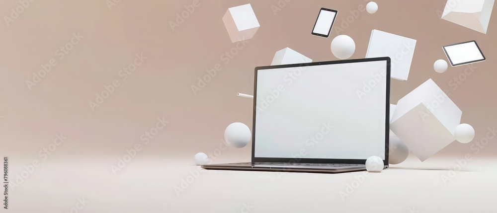 3D Rendering of Flying Blank Screen Laptop, Smart Phone and Geometric Shapes. Minimal Technology Concept. Blank Screen. Zero Gravity. 3D Rendering of Flying Blank Screen Laptop, Smart Phone and Geometric Shapes. Minimal Technology Concept. Blank Screen. Zero Gravity.