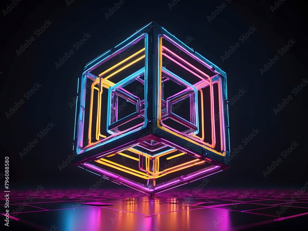 Hypercube Tesseract neon glowing math solid shape, stunning beauty of ...