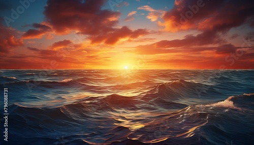 A beautiful painting of a stormy sea at sunset.